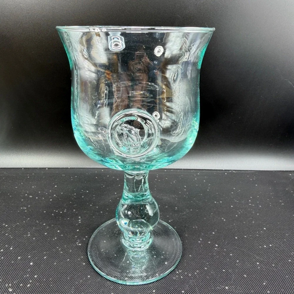 Set of 2 Monogram N Hand‎ Blown Glass Goblets Aqua Clear Stemmed Water Wine 7in